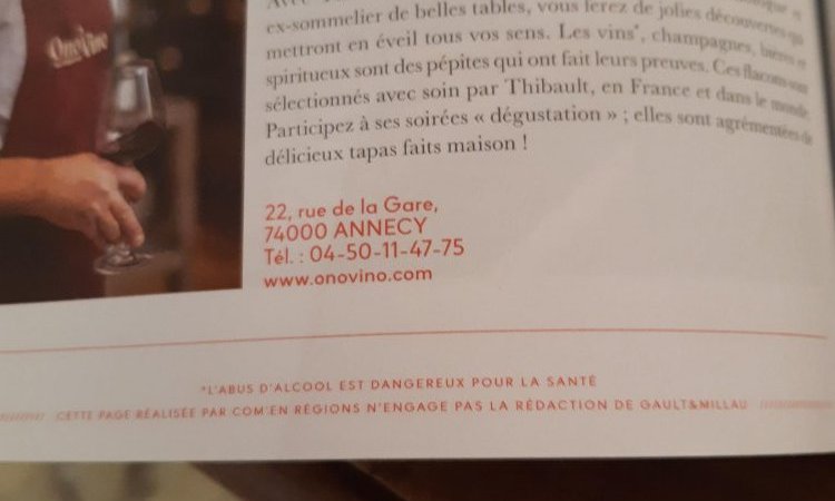 Guide Gault et Millau pour Ono'Vino cave à vin  Annecy